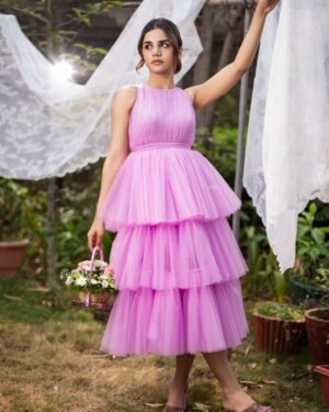 Rose Pink Tulle Frock with Rushing Yoke